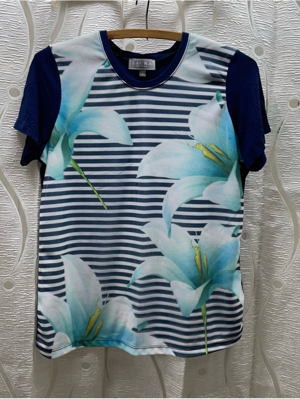 Laura Petites Floral Striped T-Shirt Petite Navy Blue Excellent Short Sleeve‎